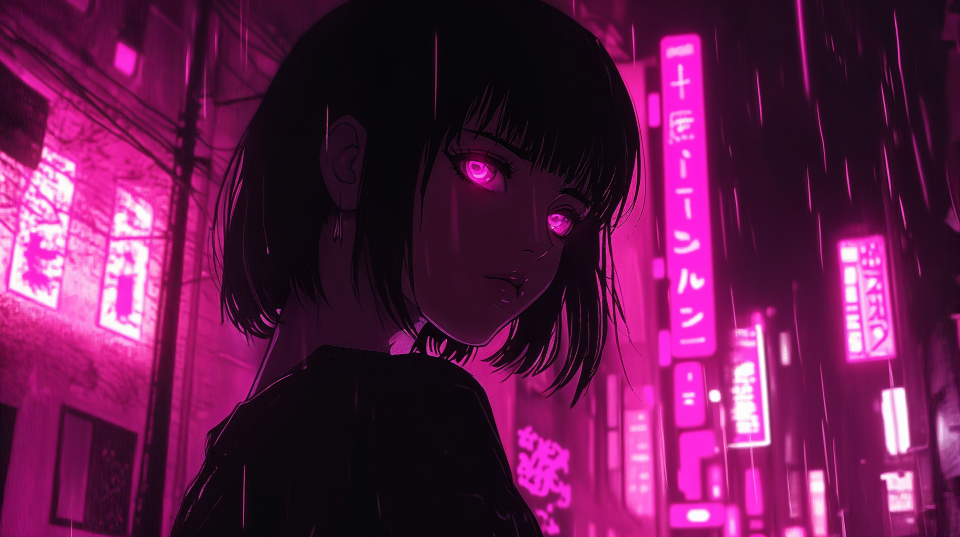 Anime girl with glowing pink eyes in a neon-lit cityscape, surrounded by vibrant signage and rain, set against a dark, moody background. 4K Ultra HD wallpaper.