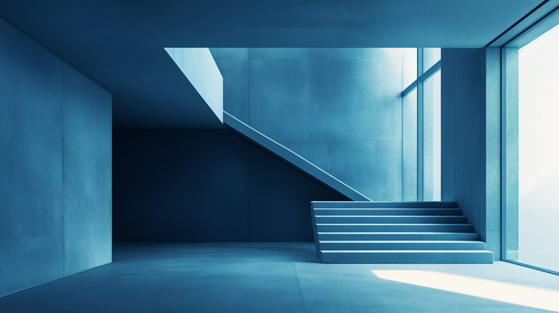 A minimalist blue room features sleek architecture with a staircase and large windows, showcased as a 4K Ultra HD desktop wallpaper and background.