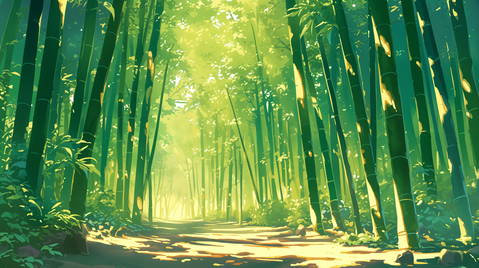 Serene anime forest featuring tall bamboo stalks and illuminated pathways, captured in vibrant colors. A stunning 4K Ultra HD desktop wallpaper that brings nature to life.