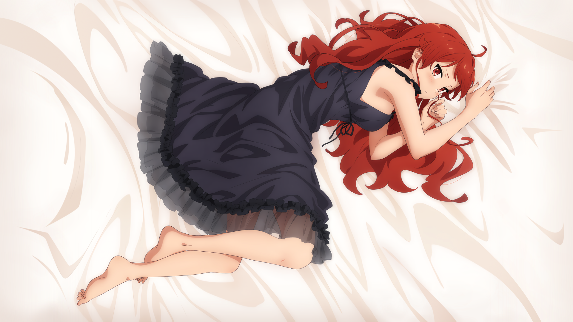 Eris Boreas Greyrat from Mushoku Tensei: Jobless Reincarnation lies on a white surface in a black dress, featured in an HD PC desktop wallpaper and background.