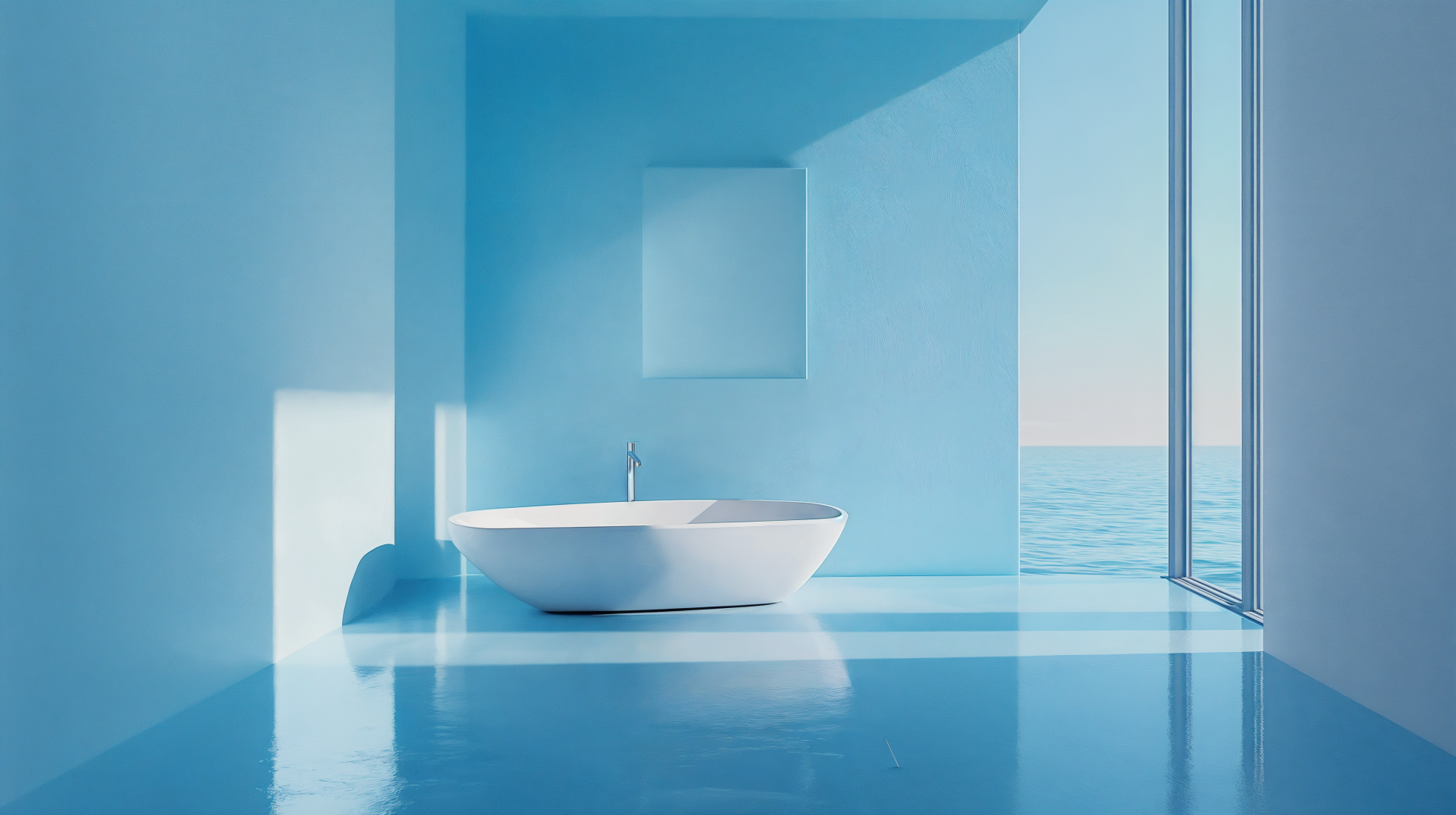 A minimalist blue bathroom features a sleek white bathtub and large windows offering an expansive view of the ocean, captured in stunning 4K Ultra HD quality.