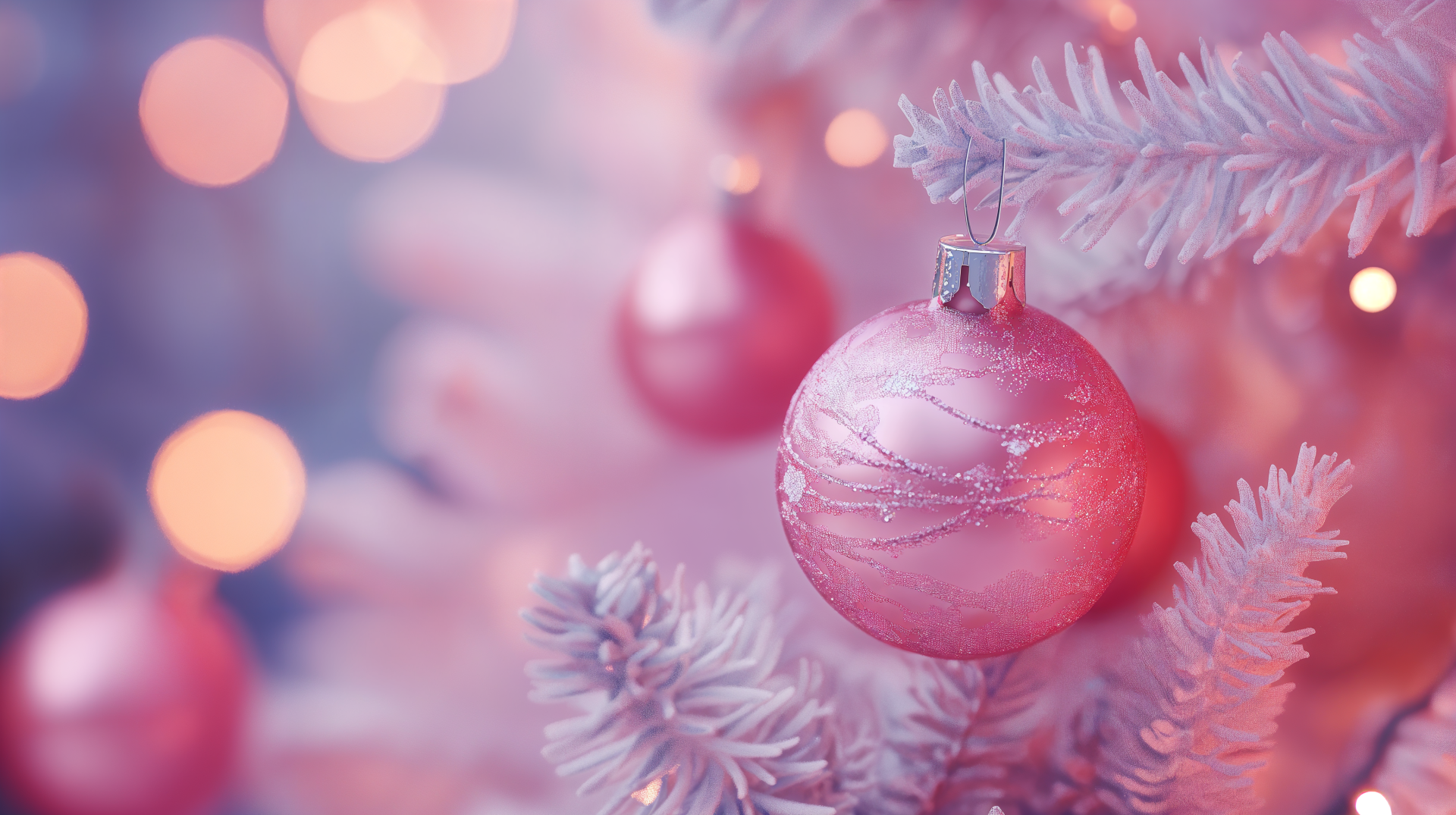 A close-up of a pink Christmas ornament hanging on a frosted tree, with soft pink and white bokeh lights in the background. This vibrant image serves as a stunning 4K Ultra HD desktop wallpaper.