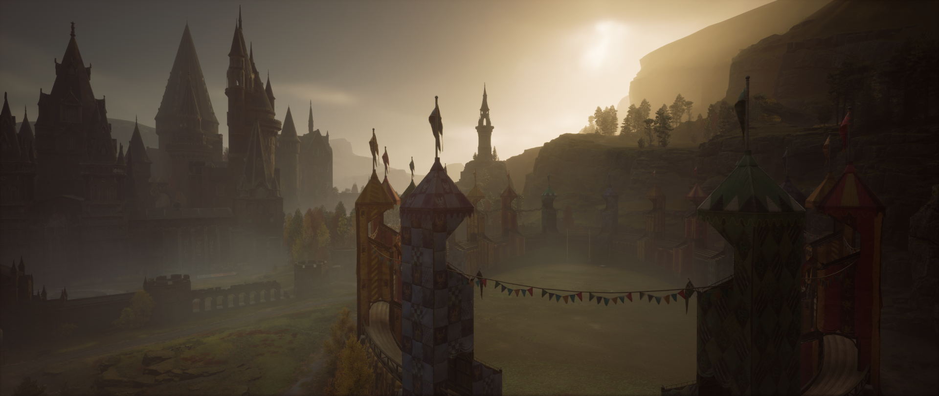 A captivating HD wallpaper from Hogwarts Legacy, featuring the iconic Hogwarts castle shrouded in mist, illuminated by a warm sunset glow, embodying the enchanting world of Harry Potter.
