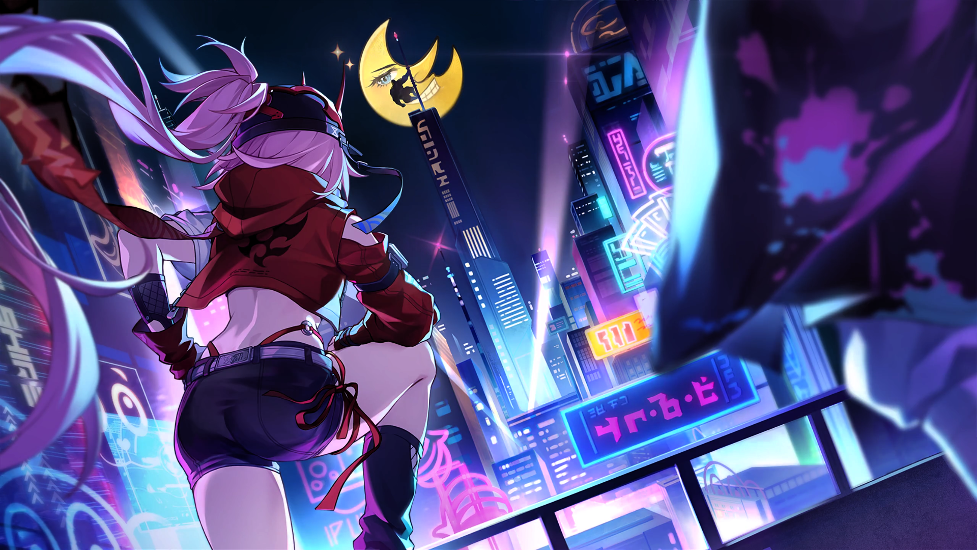 HD PC desktop wallpaper featuring a dynamic Honkai: Star Rail character overlooking a neon-lit futuristic cityscape at night.