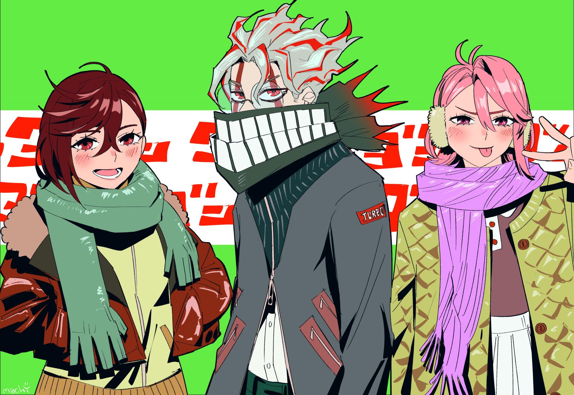 Vibrant 4K Ultra HD anime wallpaper featuring Dandadan characters Ken Takakura, Momo Ayase, and Aira Shiratori against a bright green background.