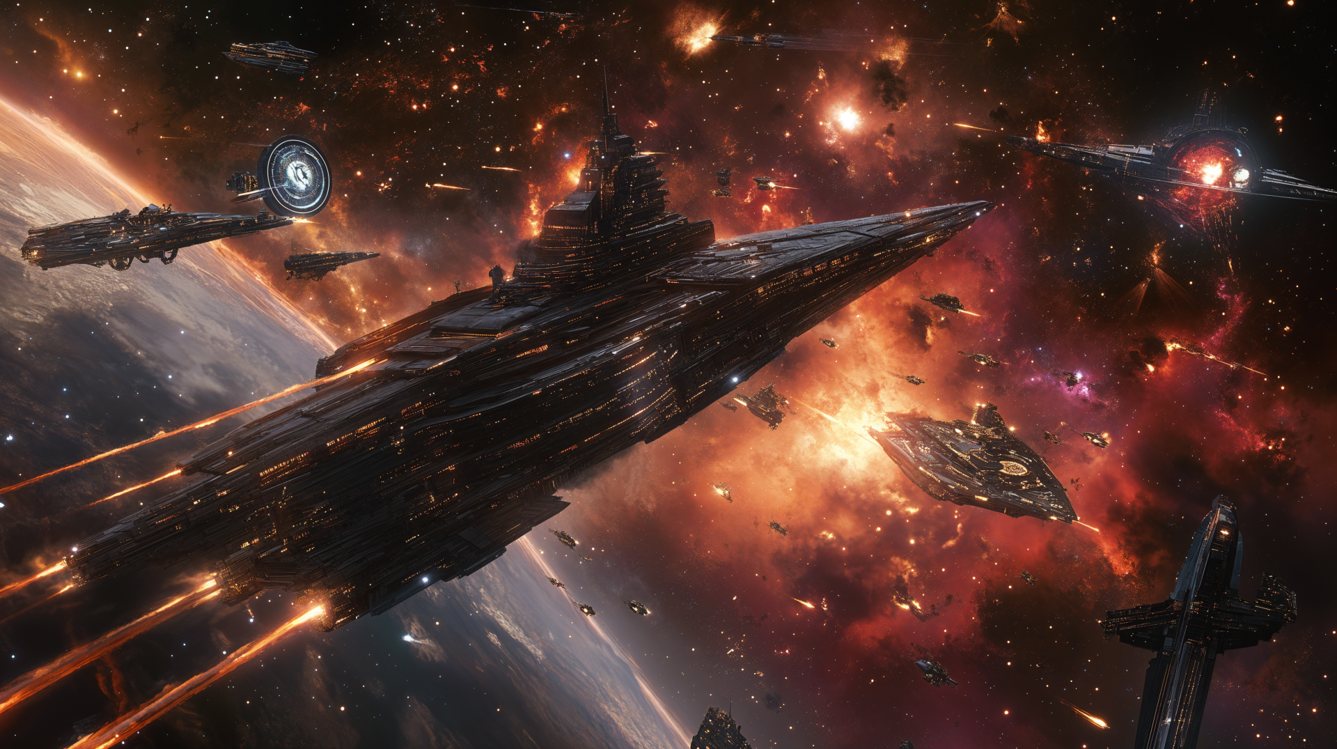 4K Ultra HD sci-fi space opera scene depicting a massive spaceship engaged in a dramatic space battle amidst a vibrant galaxy backdrop.
