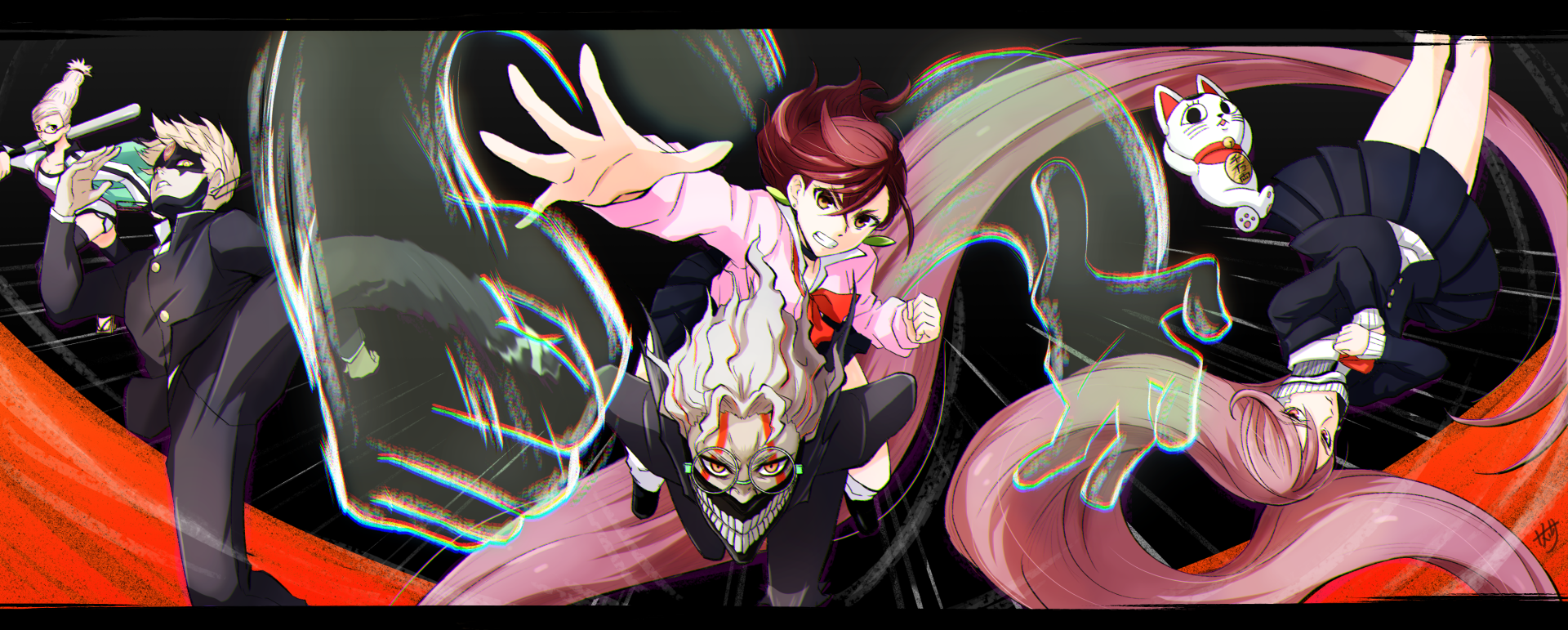 2K Quad HD Dandadan anime wallpaper: Momo Ayase lunges forward, grinning beneath a demonic mask, pink hair swirling as dark, ethereal tendrils twist across the black background.