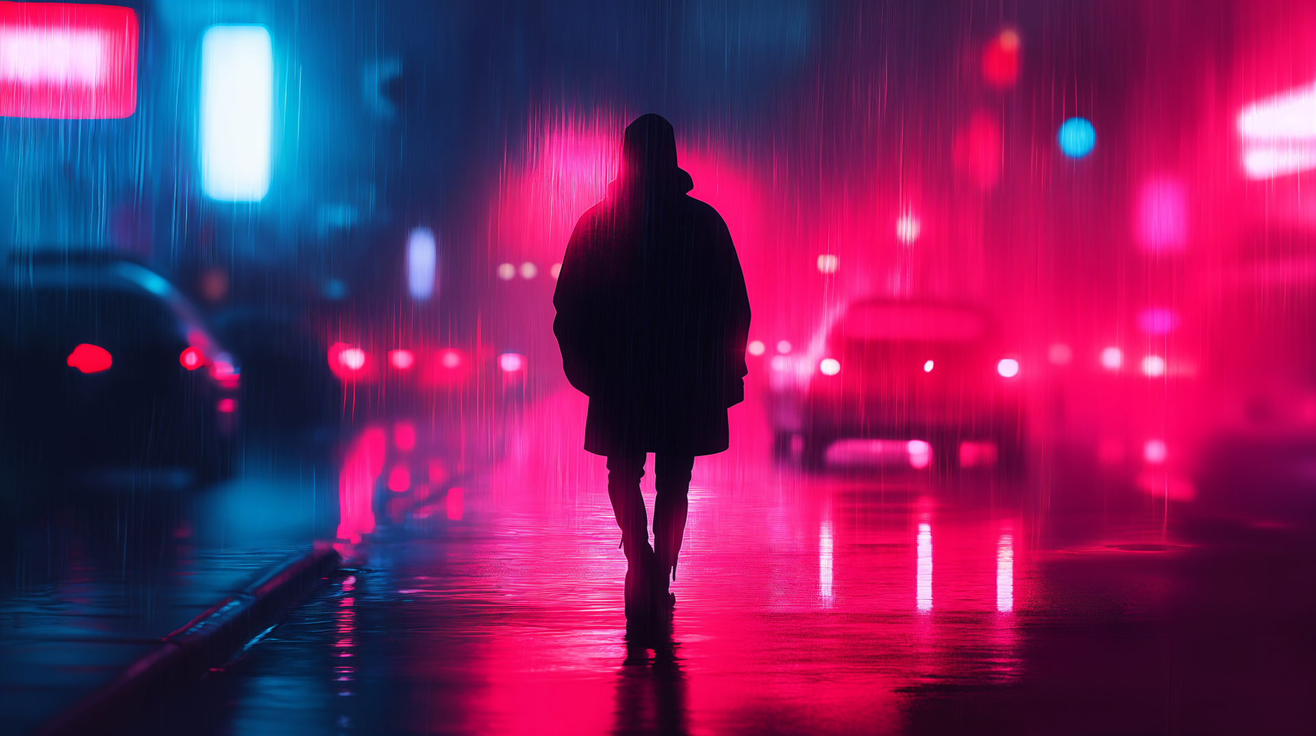 A figure walks alone in a vibrant neon-lit street, surrounded by raindrops reflecting pink and blue lights, capturing the essence of neon noir in stunning 4K Ultra HD.
