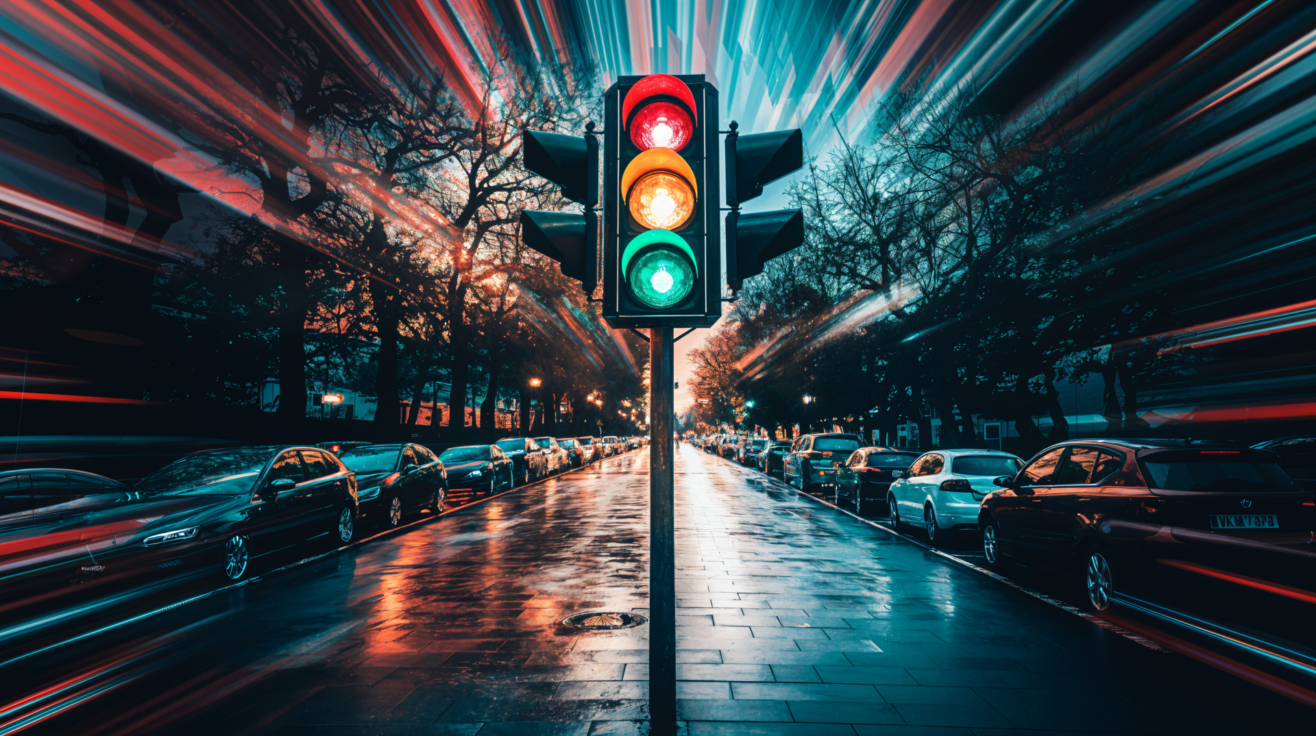 A striking 4K Ultra HD image of a traffic light, featuring vibrant green, yellow, and red lights, set against a reflective street with blurred motion effects.