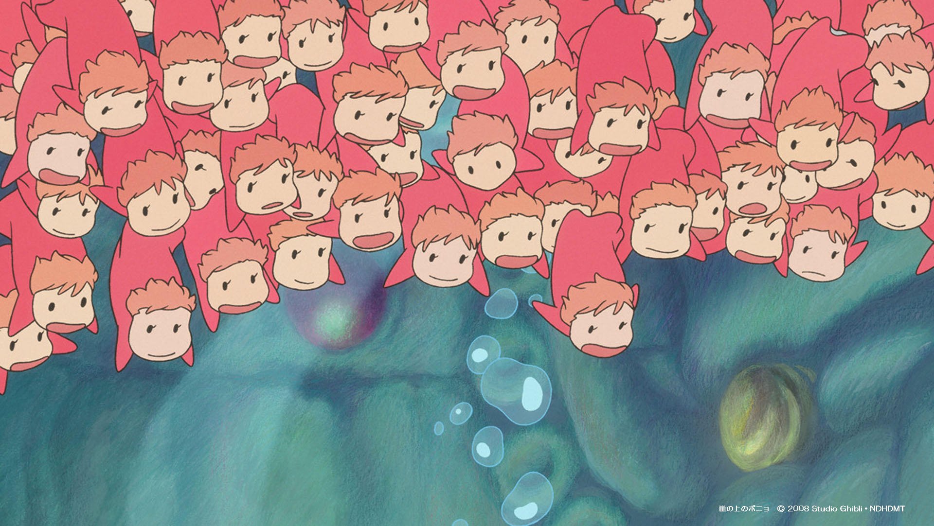 A vibrant HD wallpaper featuring numerous characters from Ponyo, a beloved Studio Ghibli anime, surrounded by whimsical underwater bubbles and colors.
