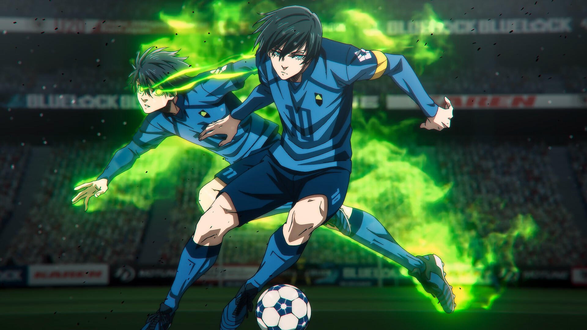 A vibrant HD wallpaper featuring anime characters Rin Itoshi and Isagi Yoichi from Blue Lock, showcasing dynamic action on the soccer field with green energy effects.