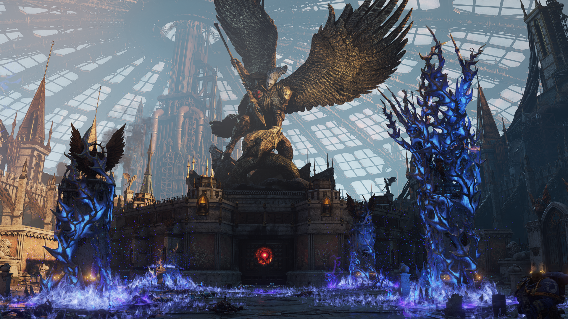 A stunning 4K Ultra HD wallpaper featuring a majestic statue from Warhammer 40K: Space Marine 2, set against a dramatic backdrop with ethereal blue structures.