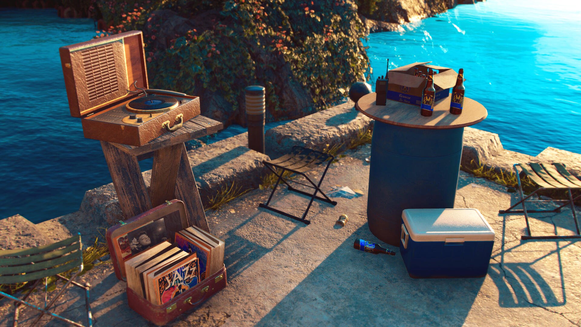 A serene scene from Far Cry 6 featuring a vintage record player beside a cooler and crates, set against a vibrant blue backdrop, capturing the essence of adventure in high-quality 4K.