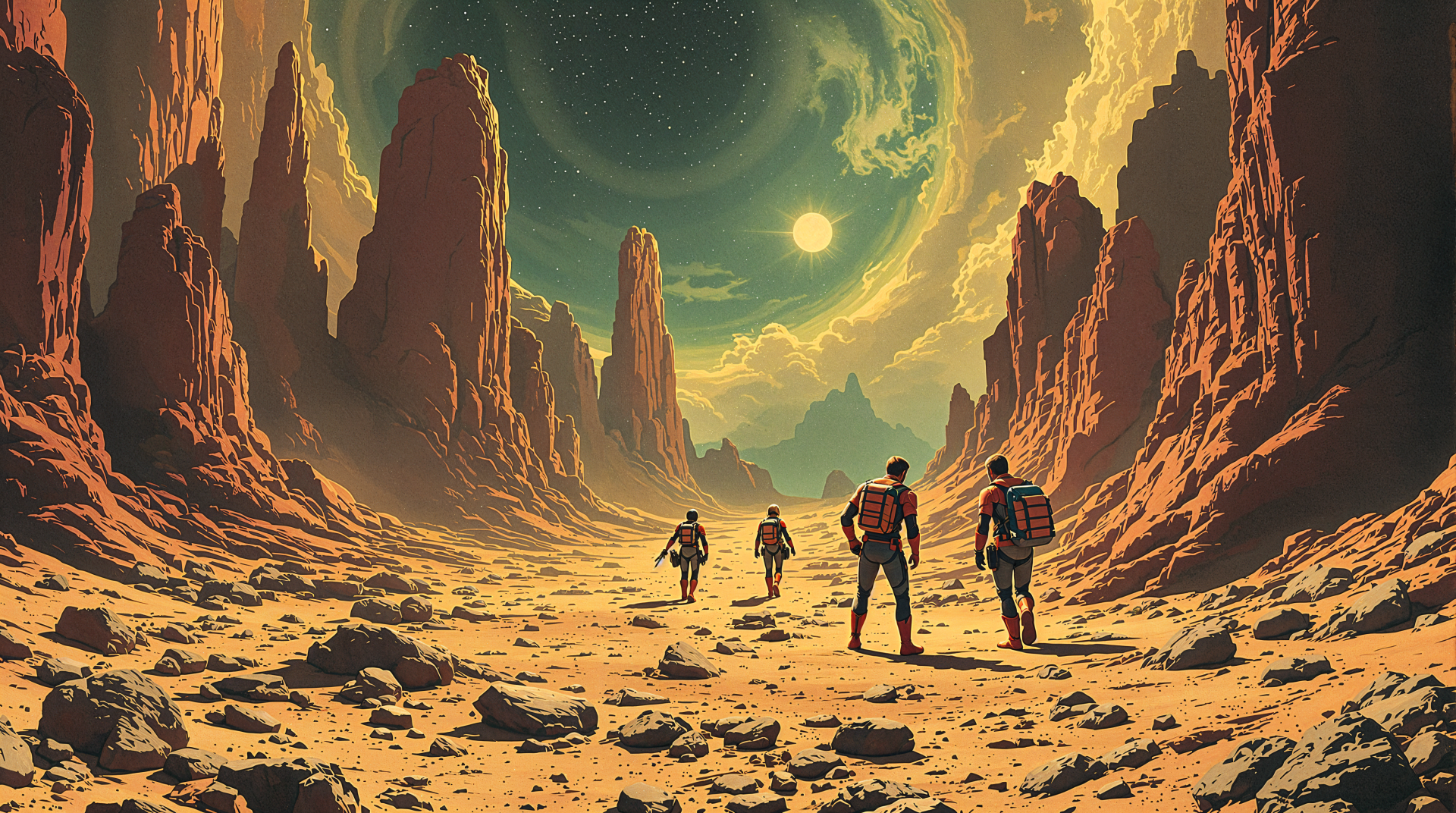 A vibrant 4K Ultra HD PC desktop wallpaper featuring explorers navigating a stunning alien landscape with towering rock formations and a dramatic celestial sky overhead.