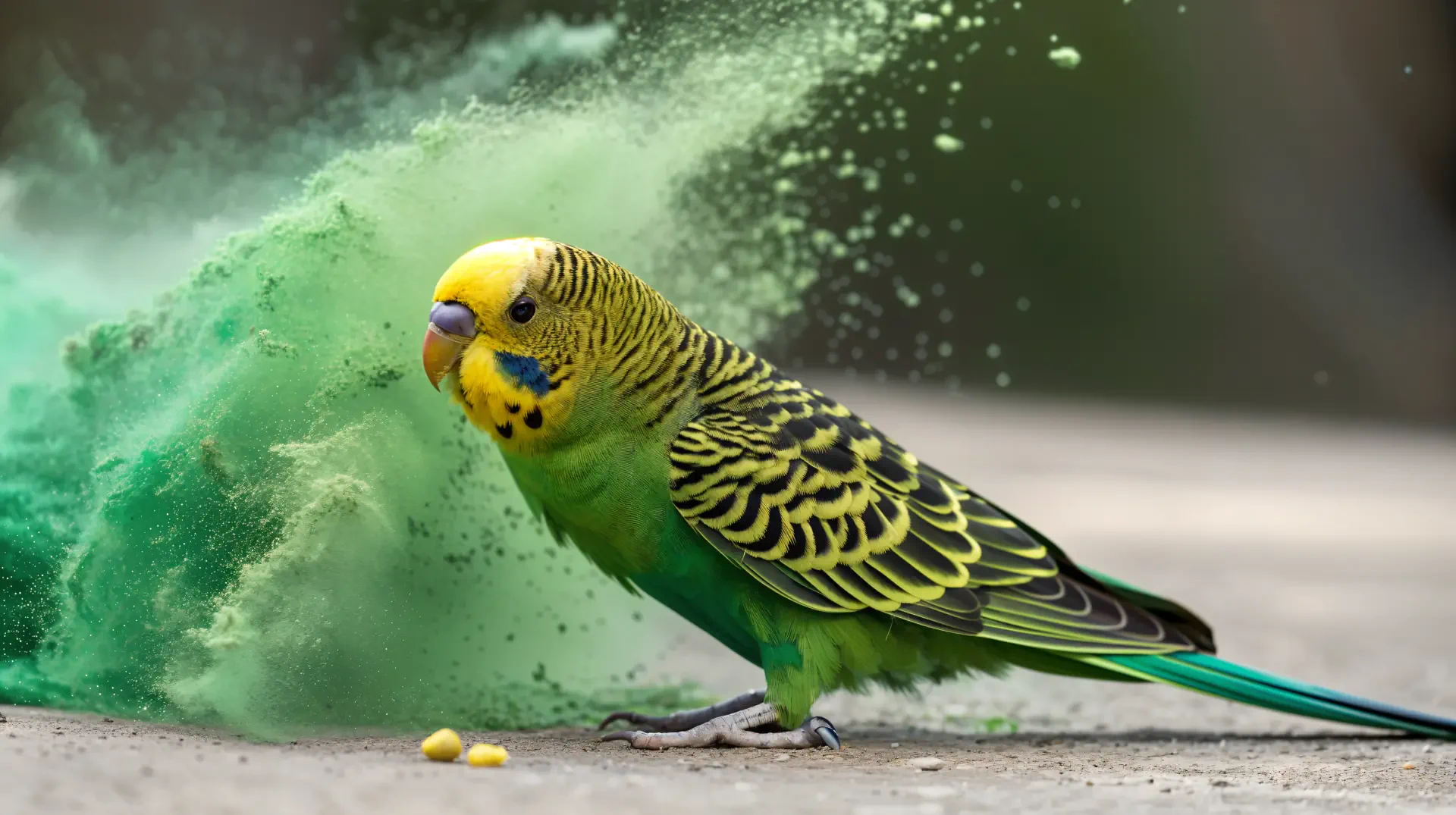 A vibrant green budgerigar parakeet with yellow and black markings stands beside a splash of green powder, captured in a sharp 4K Ultra HD desktop wallpaper.