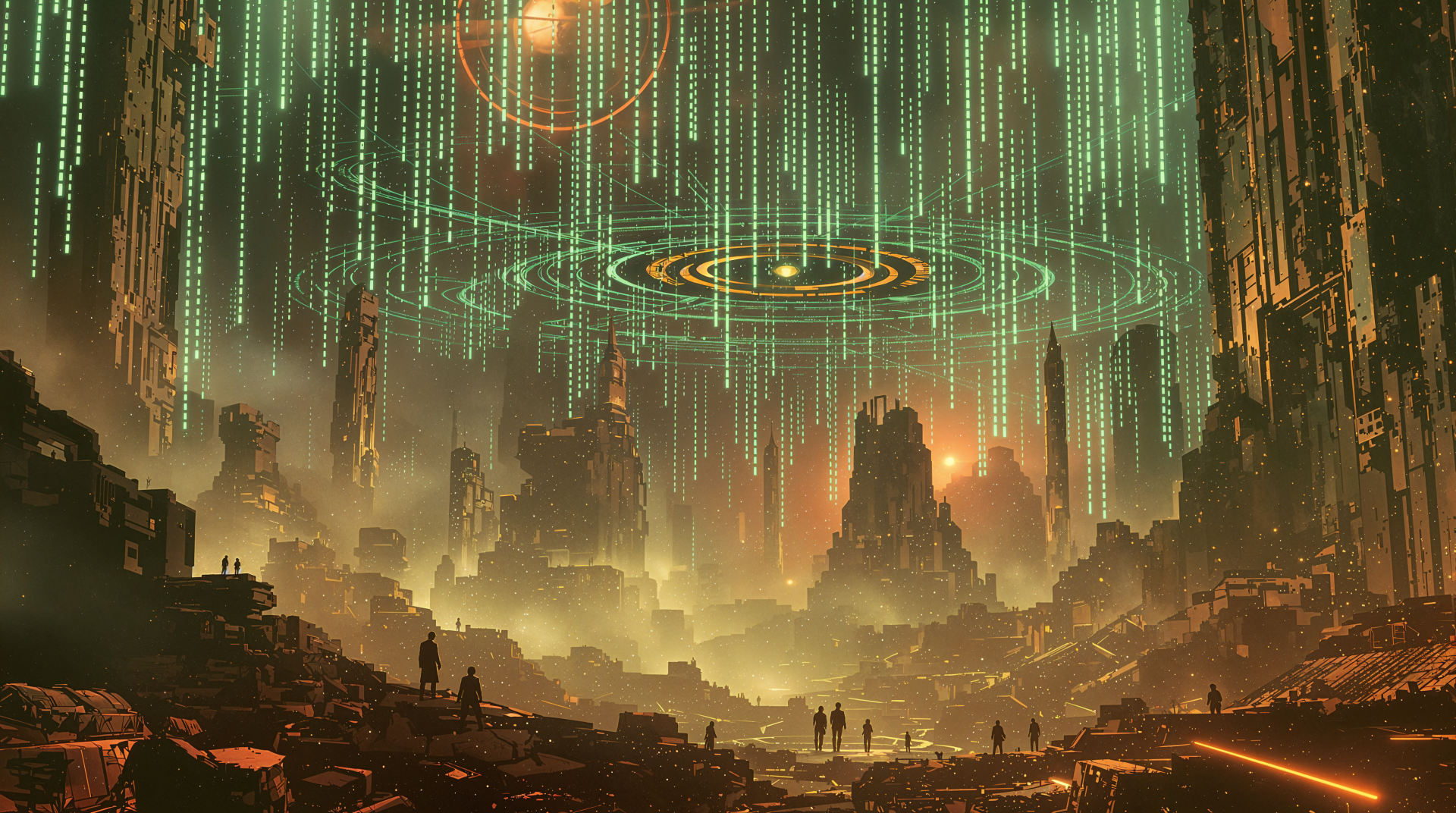 A stunning 4K Ultra HD wallpaper featuring a futuristic landscape inspired by the Matrix, with cascading digital code and figures exploring a mysterious, vibrant world.