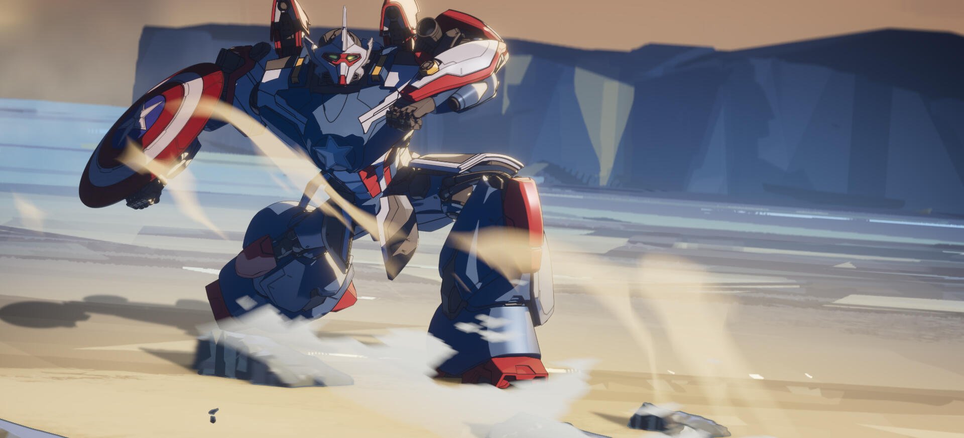HD PC desktop wallpaper featuring an action scene from the TV show What If.... with a dynamic robot character in a desert-like environment.