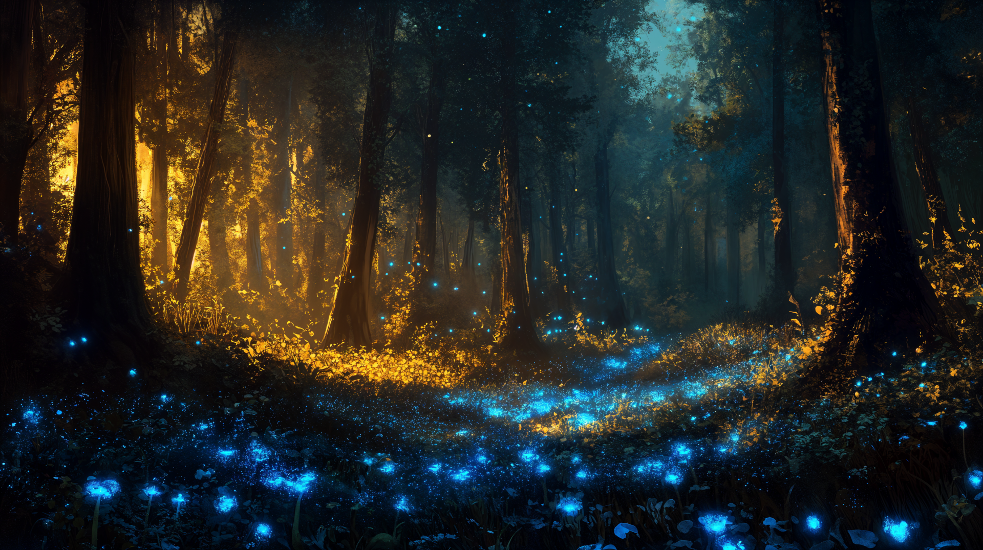 A captivating bioluminescent forest illuminated by glowing blue flora, surrounded by tall trees and soft golden light, designed as a stunning 4K Ultra HD PC desktop wallpaper.