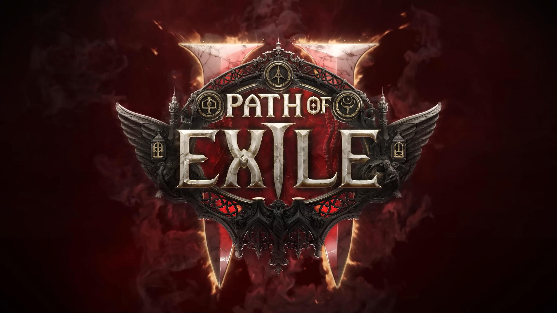 HD PC desktop wallpaper featuring the Path of Exile 2 logo with dark, fiery background elements from the video game.