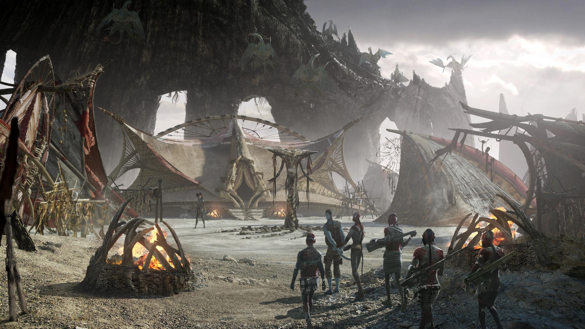A cinematic scene from Avatar: Fire and Ash, featuring a desolate landscape with structures and figures, showcasing the movie's immersive environment as an HD desktop wallpaper.