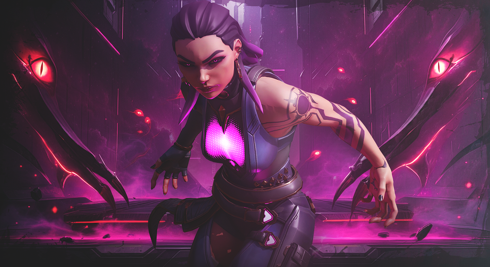 HD PC desktop wallpaper featuring Reyna from Valorant in a dark, intense setting with glowing purple accents and ominous eyes in the background.
