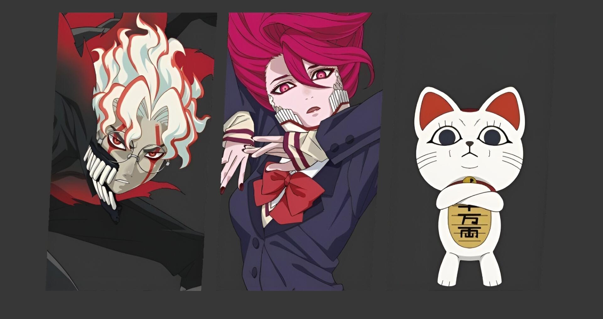 HD PC wallpaper of Dandadan anime: fiery‑haired Ken Takakura snarling, pink‑haired Aira Shiratori in a school uniform, and the Turbo Granny maneki‑neko against a dark backdrop.