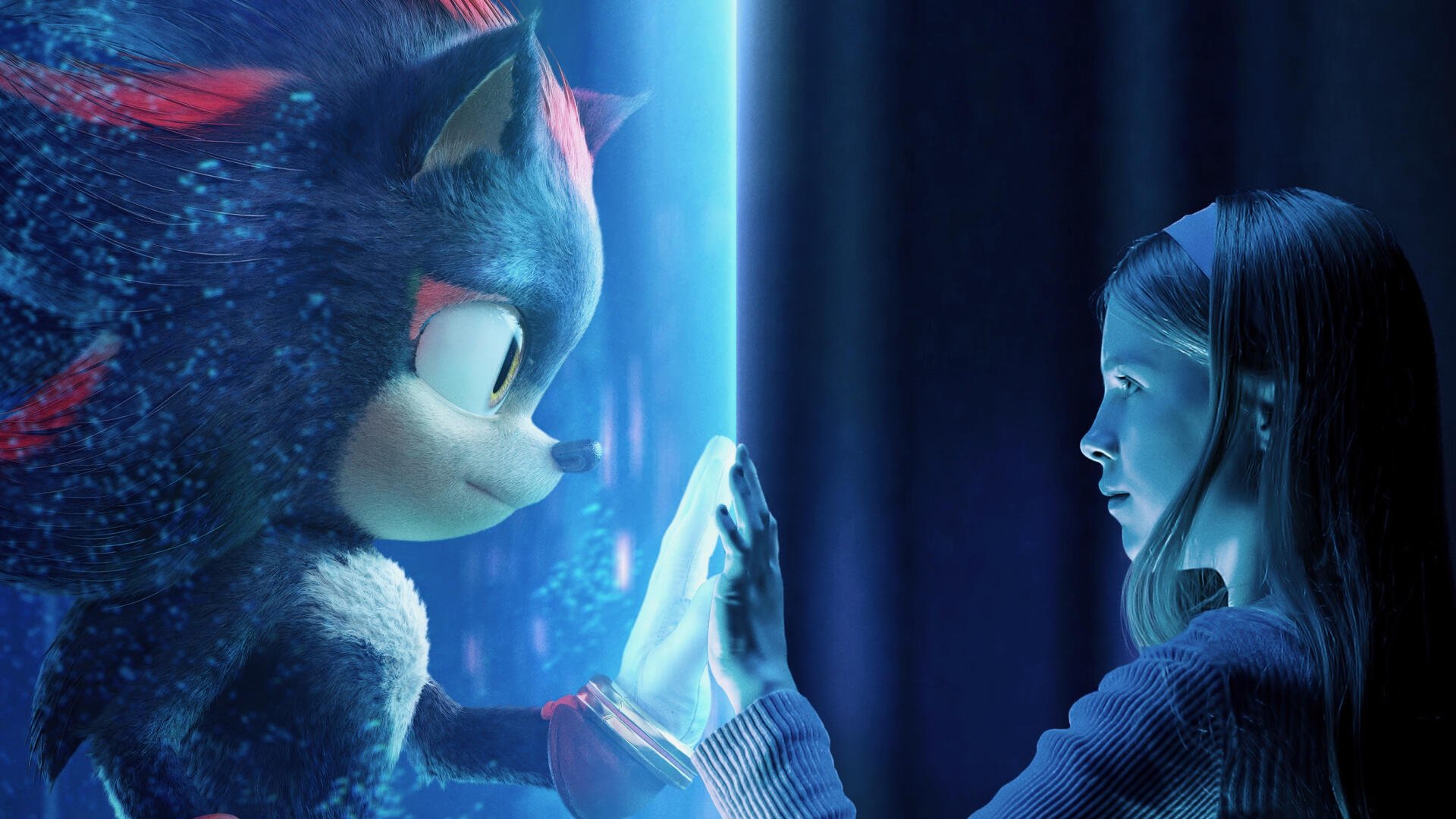 HD PC desktop wallpaper featuring Sonic the Hedgehog 3 facing a girl, both touching a glowing barrier between them in a futuristic, blue-lit scene.