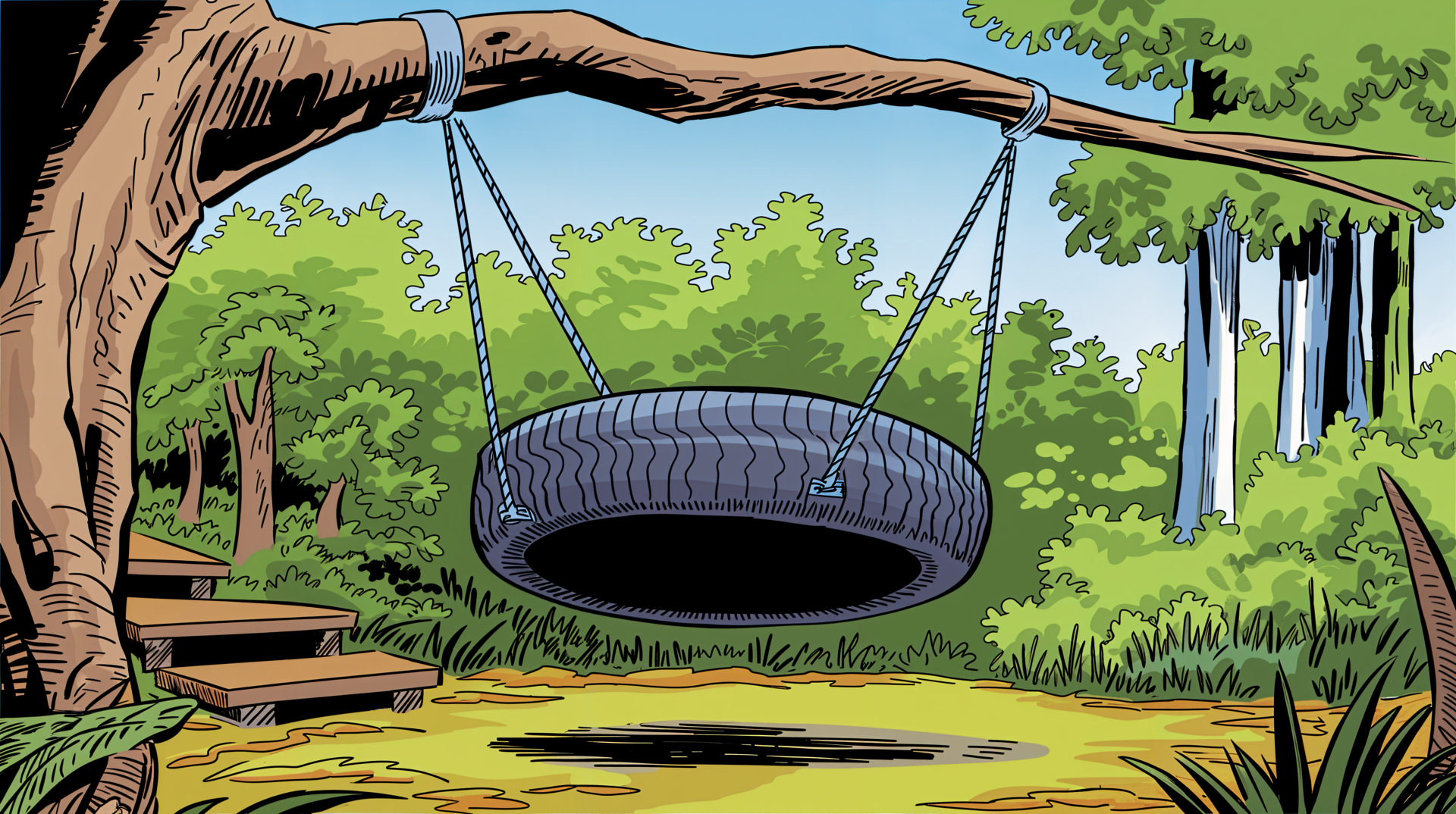 A 4K Ultra HD desktop wallpaper depicting a tire swing hanging from a tree branch in a lush, green playground surrounded by nature.