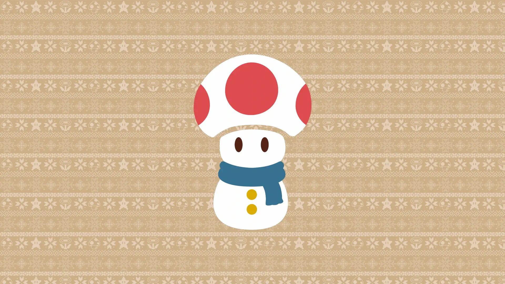 Super Mario mushroom character in a blue scarf on a patterned beige backdrop — 4K Ultra HD PC desktop wallpaper and background.