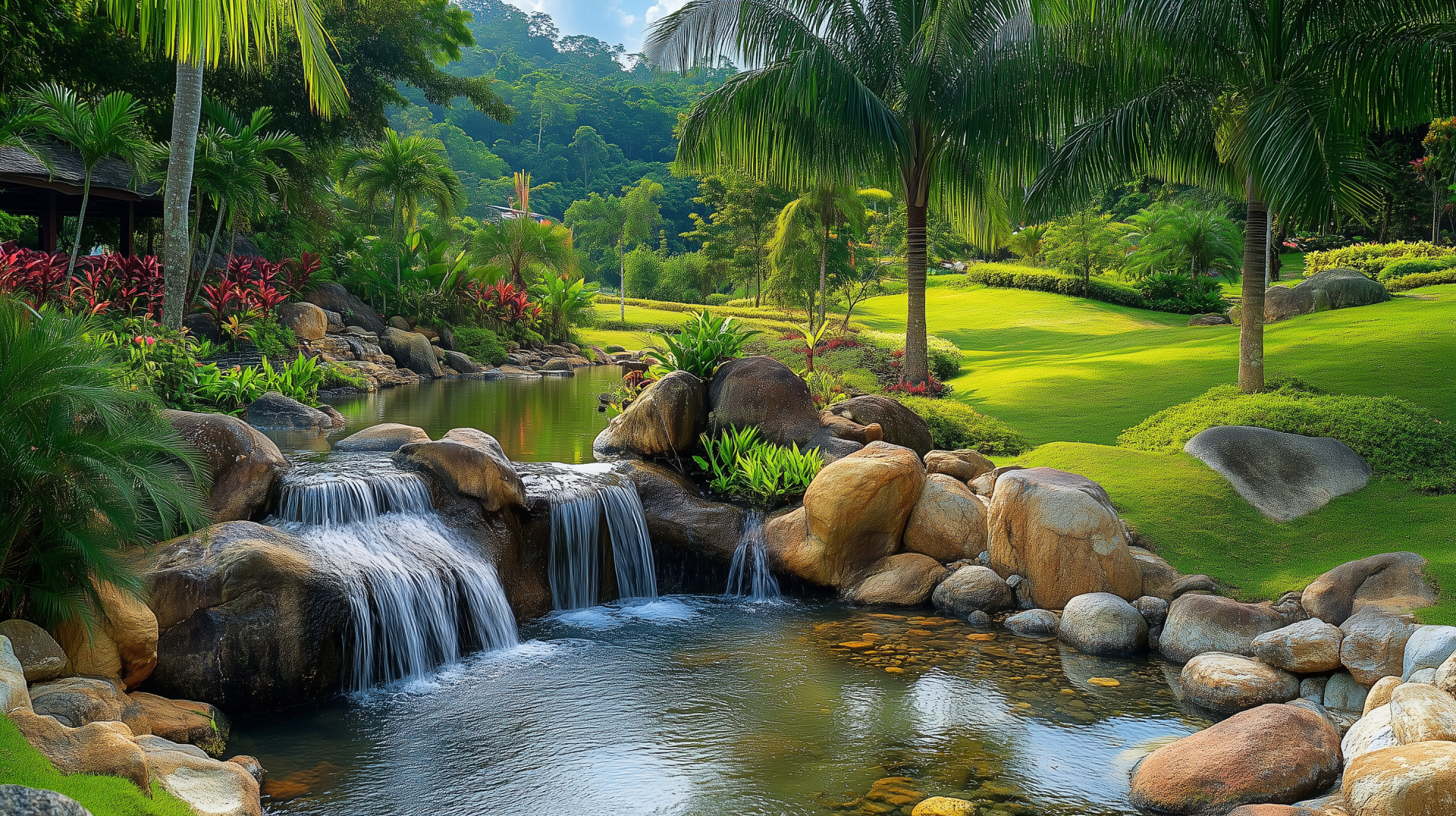 Tropical HD desktop wallpaper featuring a serene creek flowing through lush grass and palm trees surrounded by vibrant nature and large rocks.