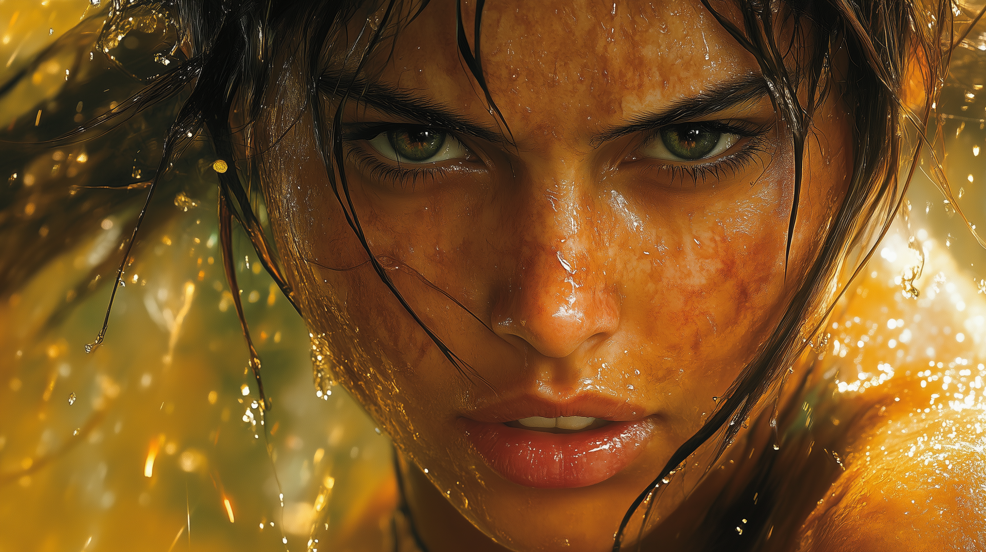 Fan art close-up of Lara Croft (Tomb Raider): wet, dirt-streaked face and fierce green eyes — 2K Quad HD PC desktop wallpaper/background.