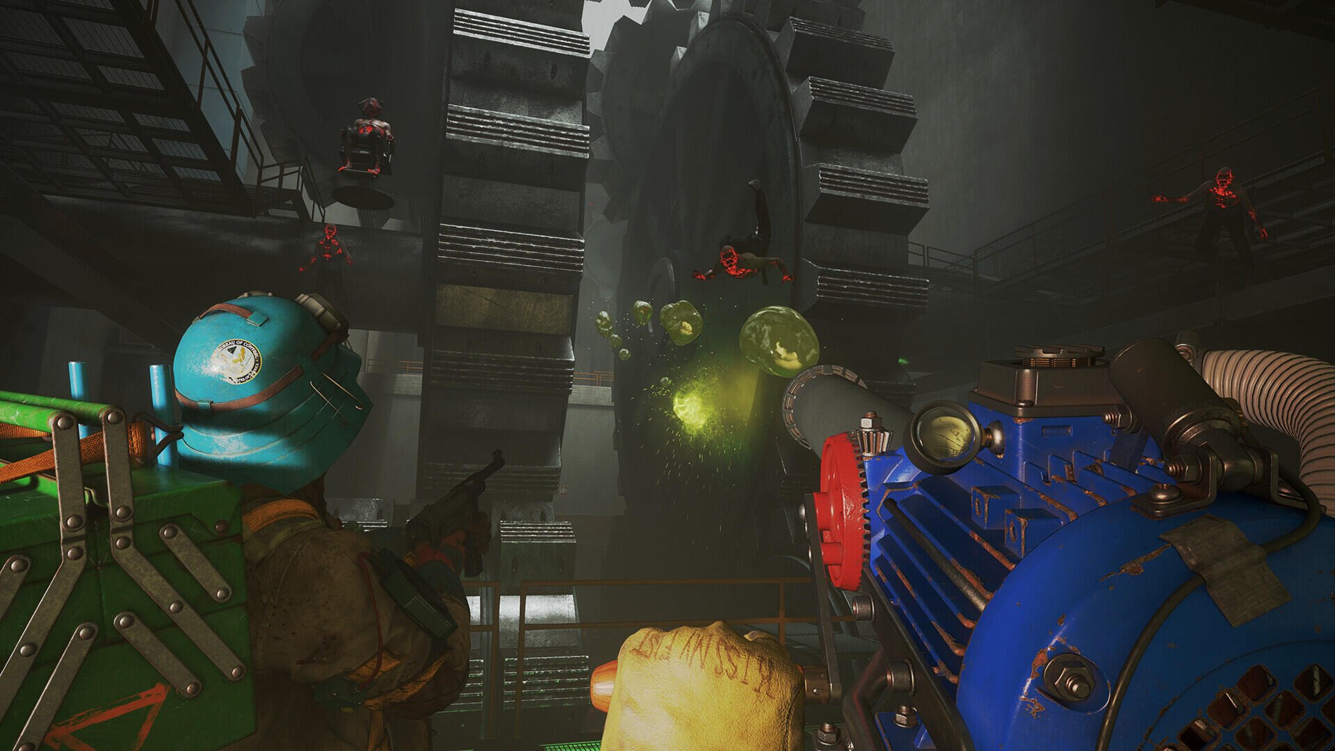 A dynamic scene from the video game FBC: Firebreak, featuring characters armed with futuristic weapons, set against an industrial backdrop filled with green energy orbs and structures.