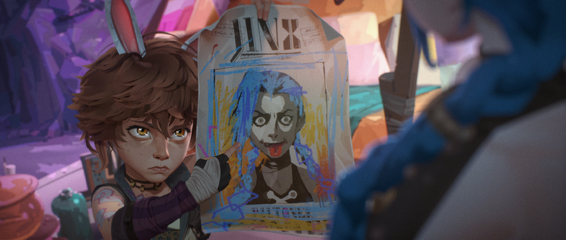 A stylized HD wallpaper from Arcane Season 2, featuring Jinx and Isha from League of Legends, showcases a character holding a colorful poster of Jinx.