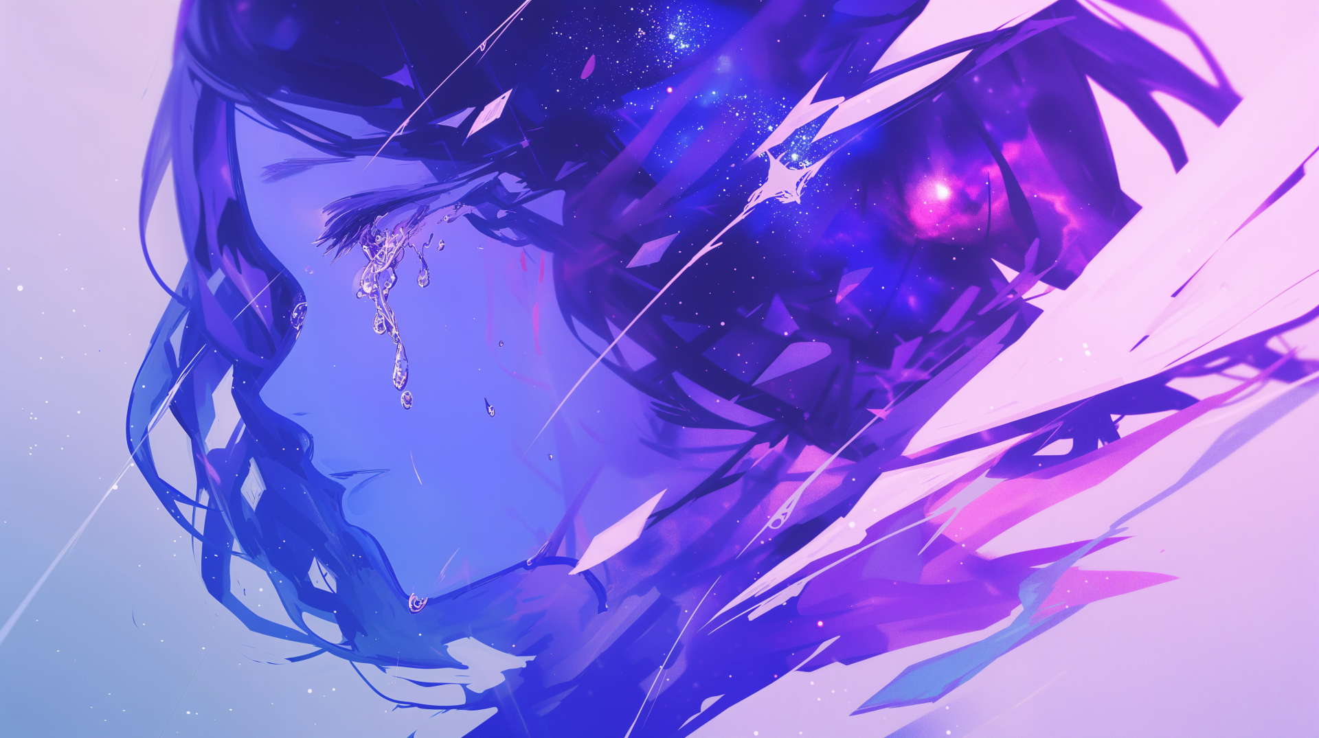 A digital artwork depicting a sad anime girl, her profile surrounded by vibrant colors and stars, with tears flowing down her cheek, creating an emotional and dreamy atmosphere.