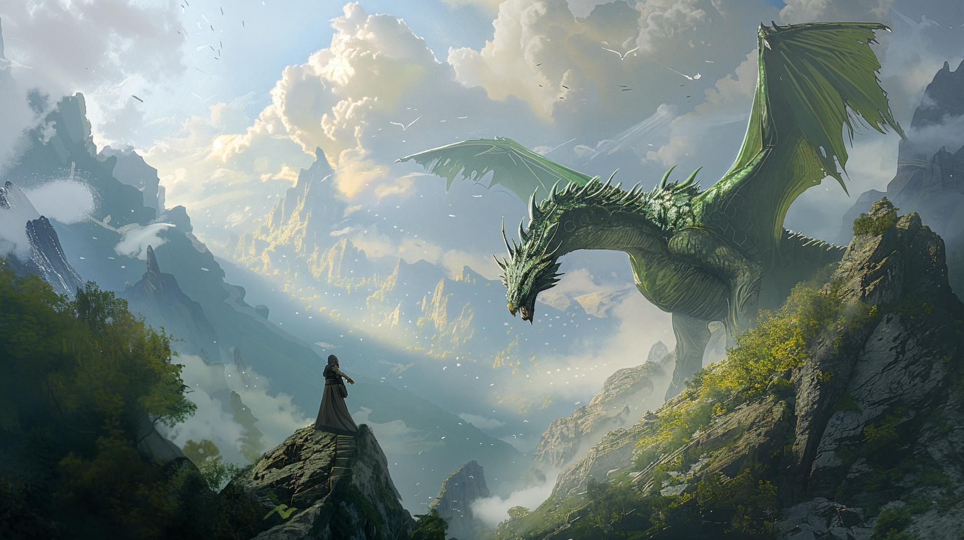 A fantasy adventure scene featuring a majestic green dragon soaring above a rocky landscape, bathed in ethereal light. A figure stands below, captured in a captivating moment. 