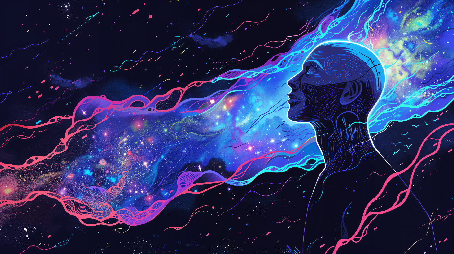 A vibrant 4K Ultra HD wallpaper depicting a profile of a man with cosmic elements flowing from his head, symbolizing humanity and the soul amidst a starry background.