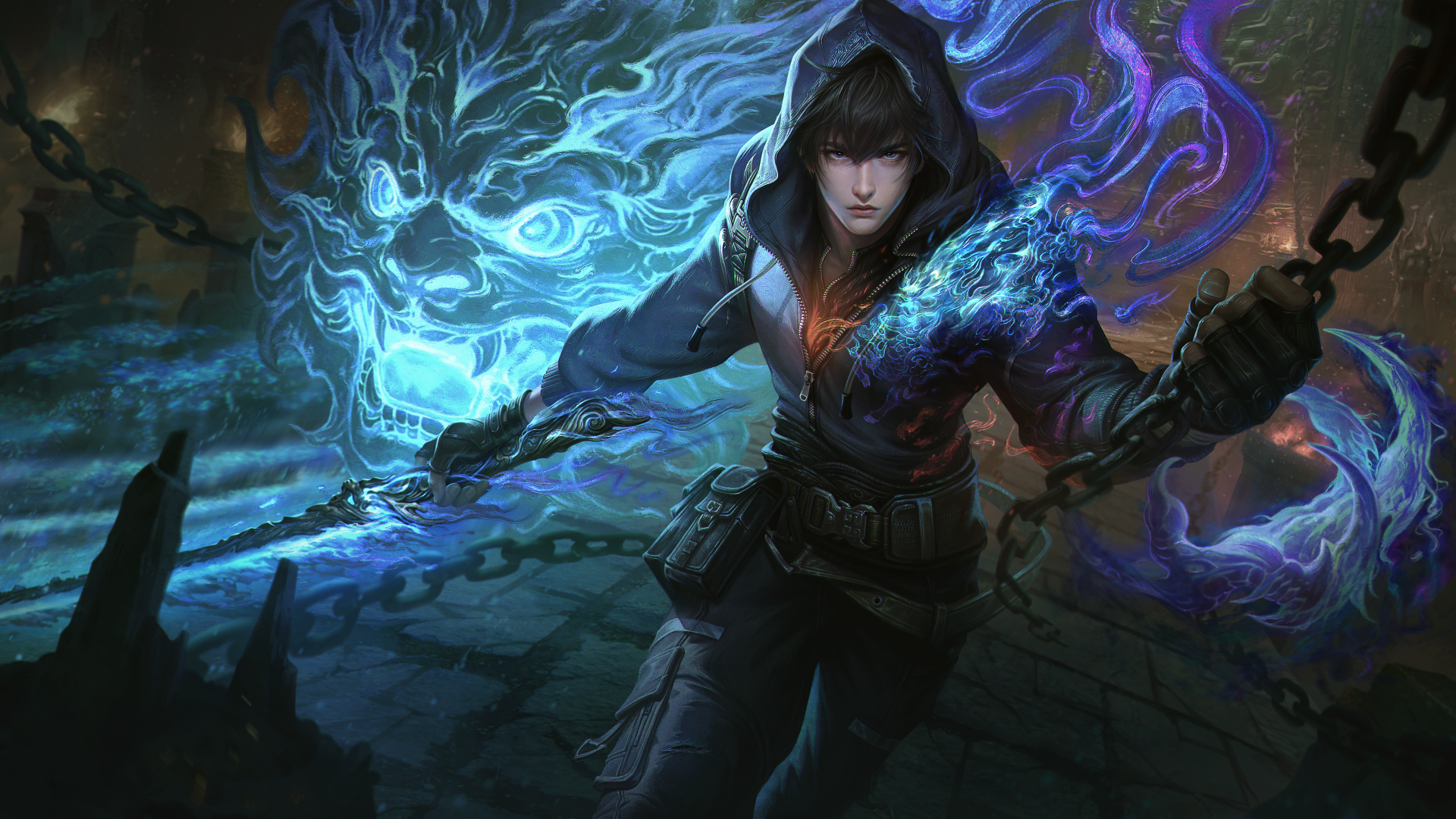 A dynamic 4K Ultra HD wallpaper featuring a character from the video game Naraka: Bladepoint, wielding a sword with energy swirling around them in vivid blue and purple hues.