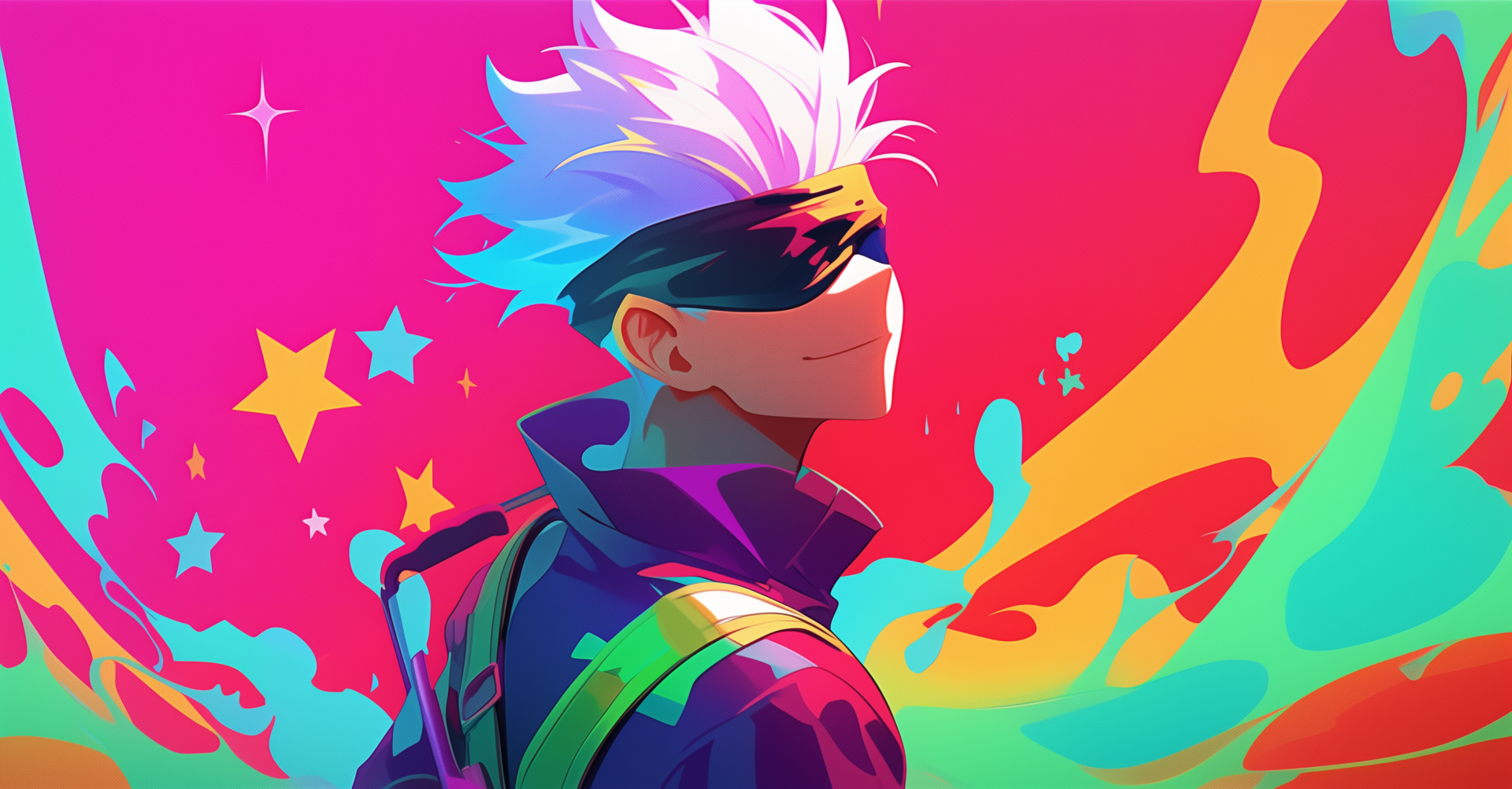 Colorful HD wallpaper featuring Satoru Gojo from Jujutsu Kaisen, showcasing his iconic white hair and blindfold against a vibrant, abstract background with stars and dynamic shapes.