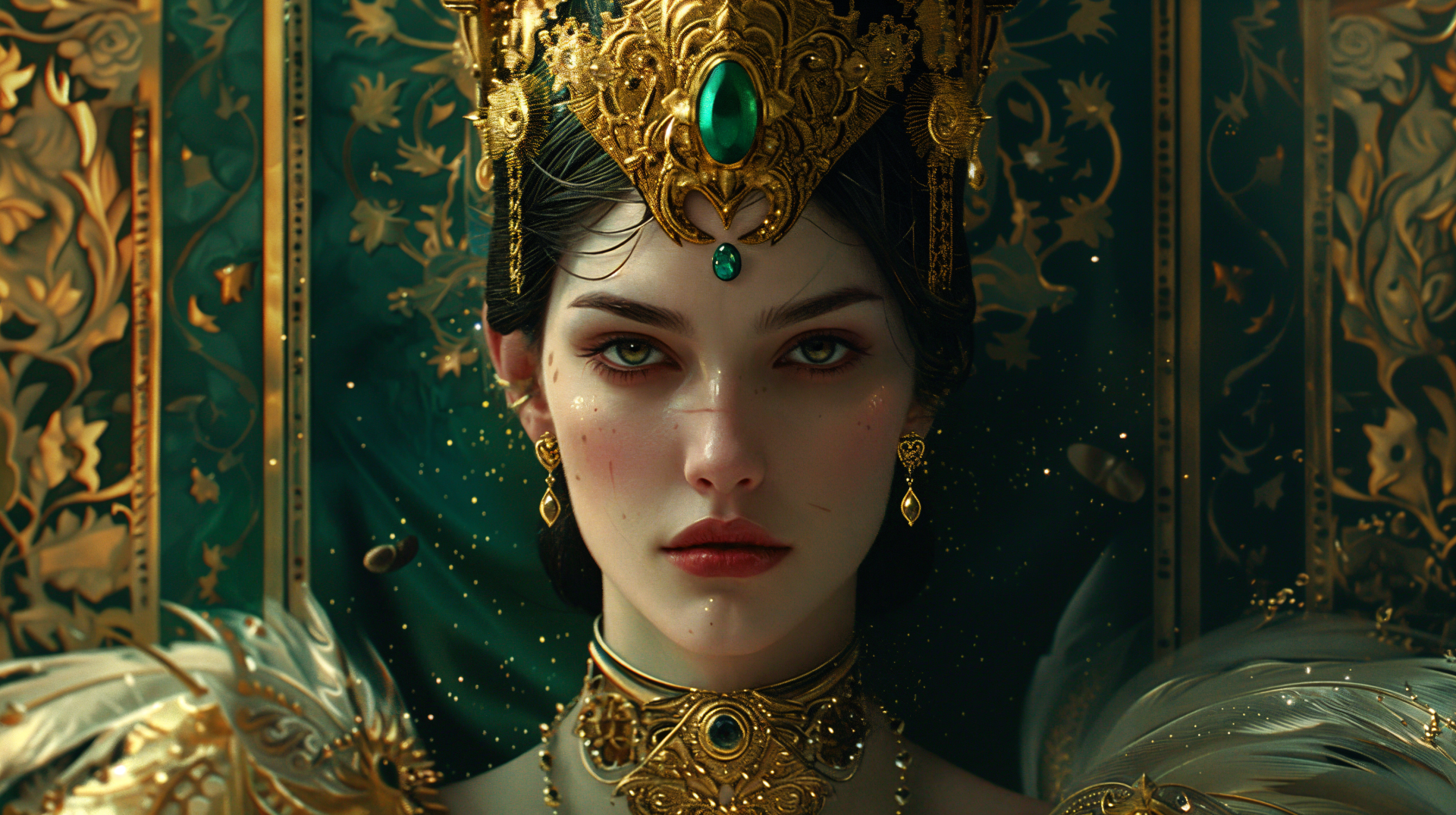 A captivating sci-fi queen adorned in intricate gold jewelry and a majestic crown, set against an ornate green background, perfect for a 4K Ultra HD PC desktop wallpaper.