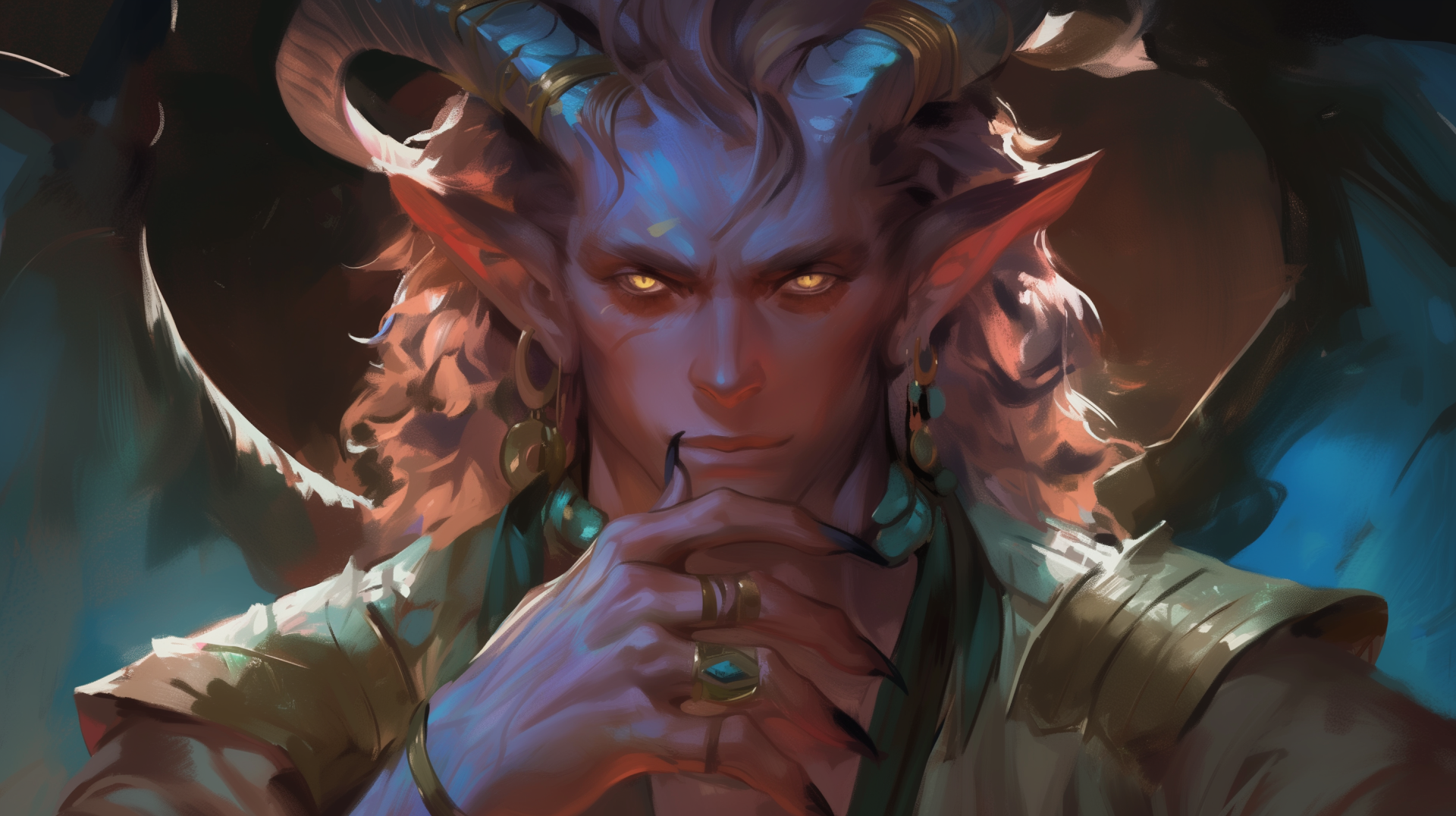 A captivating Tiefling creature with striking features, including horns and glowing eyes, gazes thoughtfully, set against a mystical background in this high-definition wallpaper.