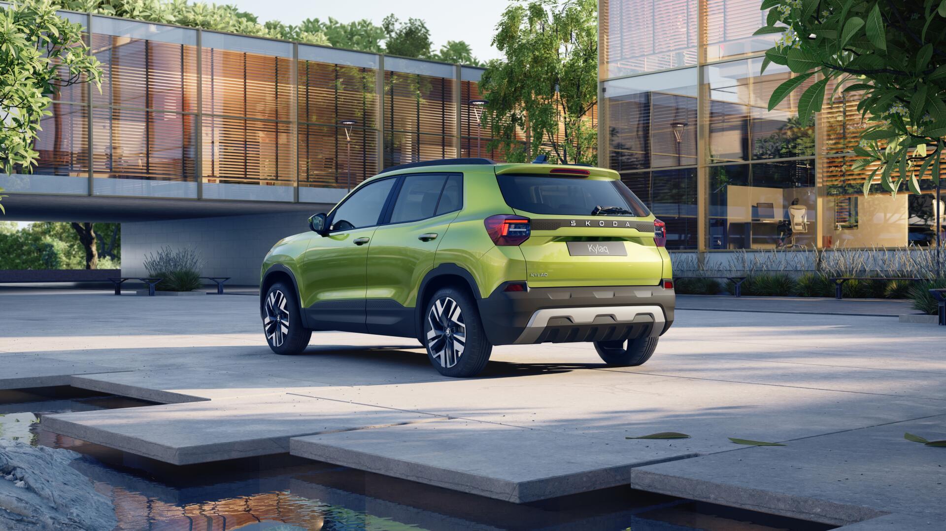 A vibrant green Škoda Kylaq parked outside a modern building, surrounded by lush greenery and a tranquil water feature. Captured in stunning 4K Ultra HD.