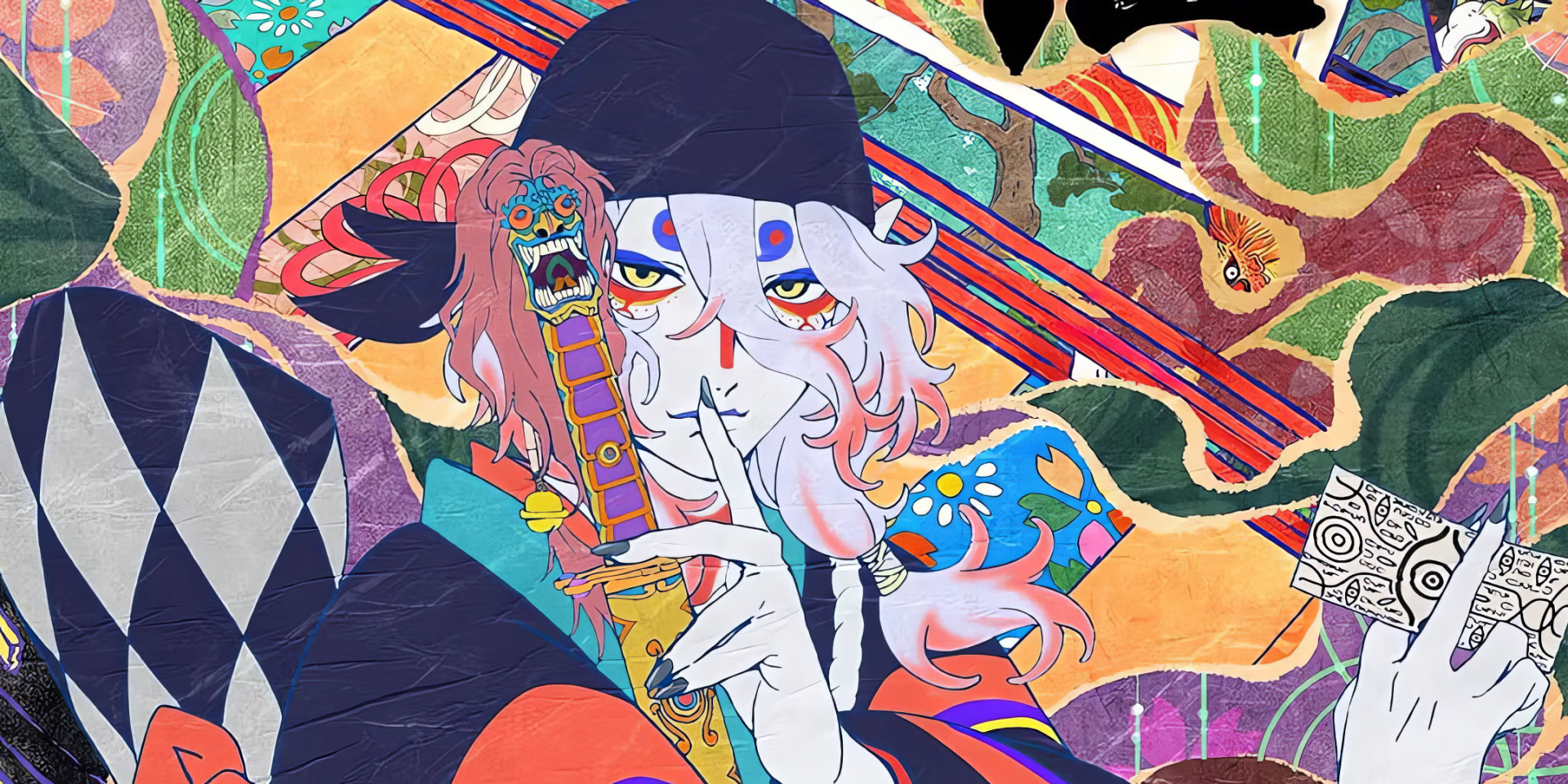 Vibrant HD desktop wallpaper featuring an intricate character design from Mononoke The Movie: Phantom In The Rain, surrounded by colorful patterns and elements inspired by nature.