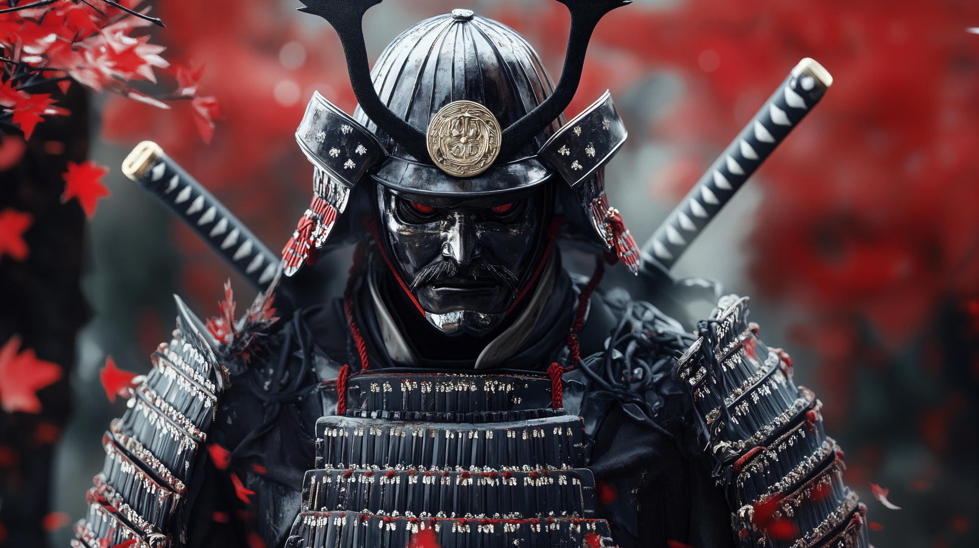 A striking 4K Ultra HD wallpaper featuring a fierce samurai in elaborate armor, set against a backdrop of vibrant red autumn leaves, embodying strength and tradition.