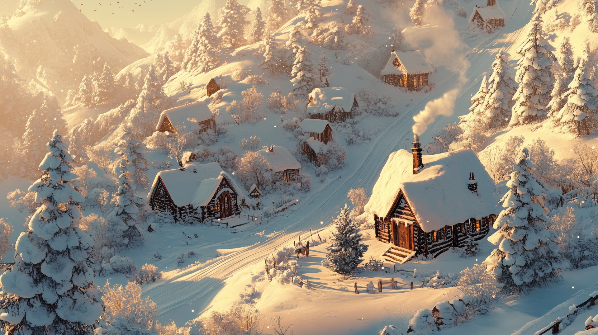A serene winter scene featuring cozy cabins nestled in a snowy landscape, evoking a warm Christmas atmosphere. This HD wallpaper enhances any desktop with its tranquil charm.