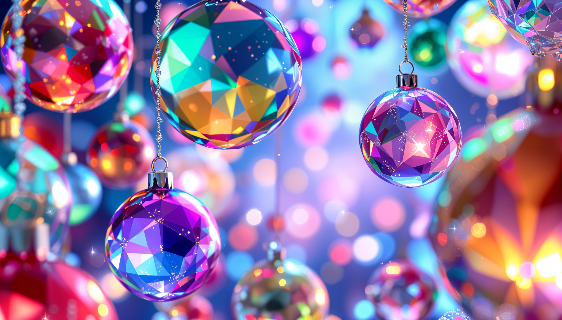 Colorful Christmas ornaments sparkle against a blurred, festive background, creating a vibrant and cheerful 4K Ultra HD desktop wallpaper for a holiday-themed atmosphere.