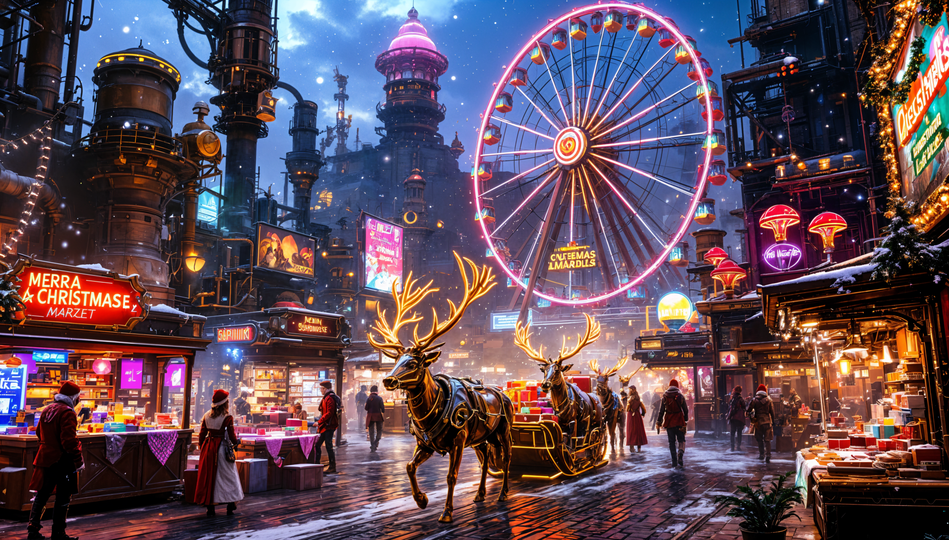 A festive Christmas market scene with illuminated stalls, a ferris wheel, and reindeer amidst a snowy backdrop, captured in vibrant 4K Ultra HD quality.