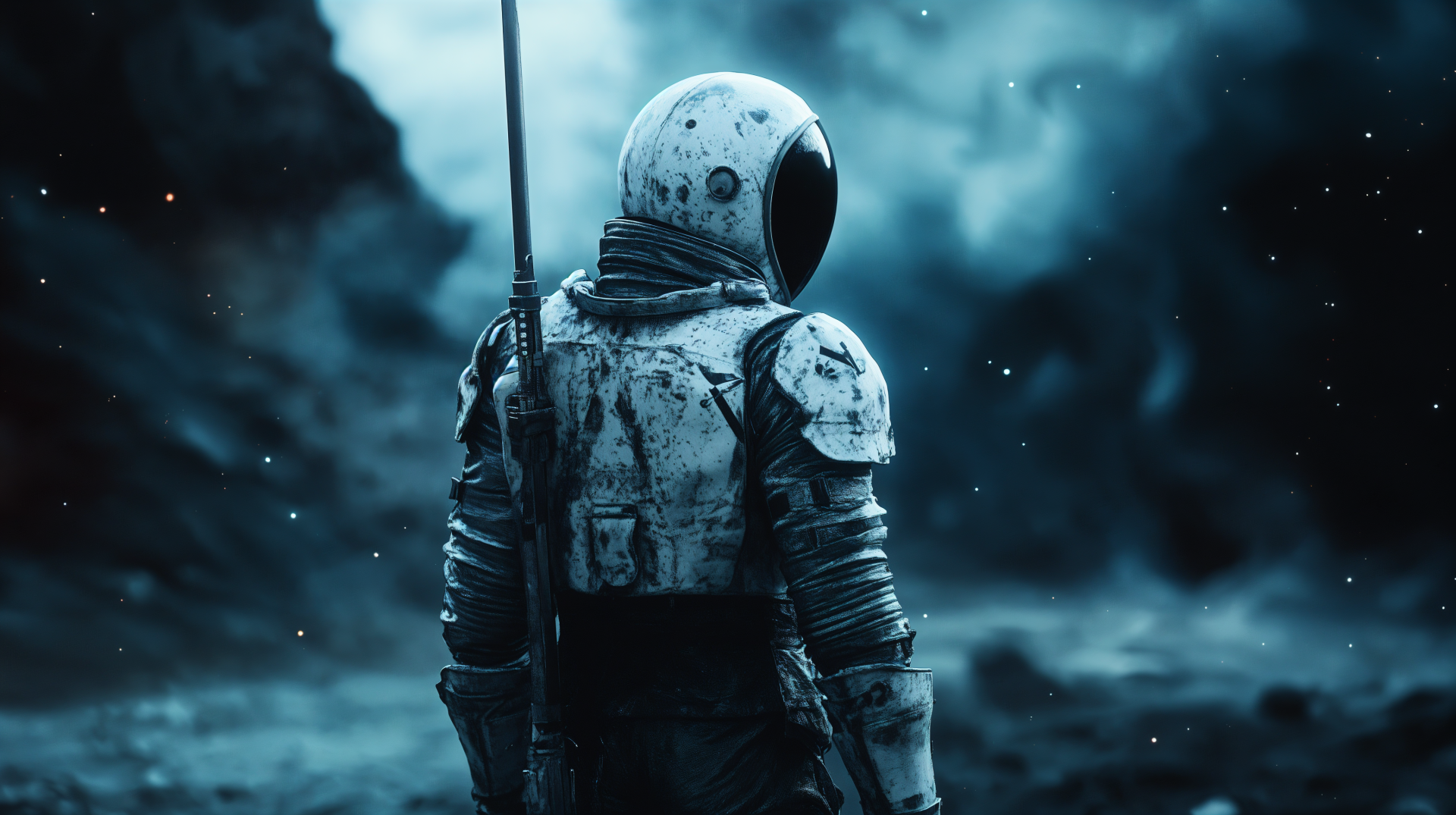 A futuristic space knight in a worn spacesuit stands against a cosmic backdrop, embodying the essence of sci-fi. High-resolution 4K wallpaper captures the dramatic scene.
