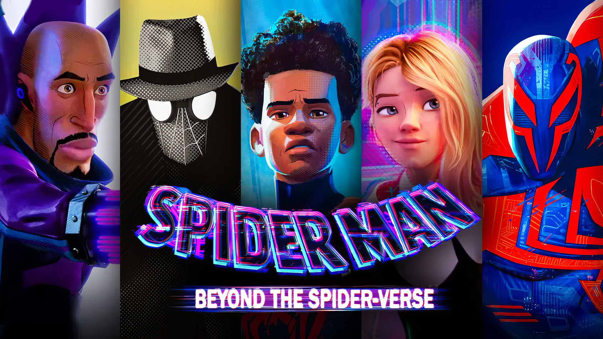 A vibrant HD desktop wallpaper featuring characters from Spider-Man: Beyond the Spider-Verse, showcasing their unique styles and expressions against a colorful backdrop.