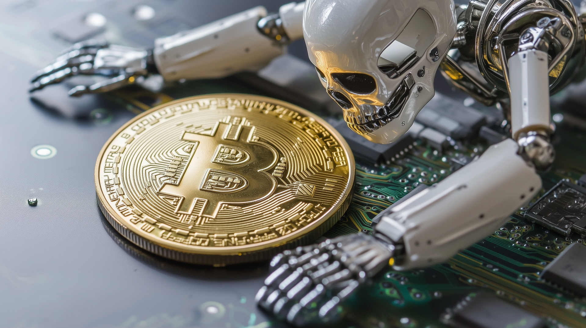 A robotic skeleton reaches for a Bitcoin on a circuit board, blending cryptocurrency and technology in a striking HD desktop wallpaper.