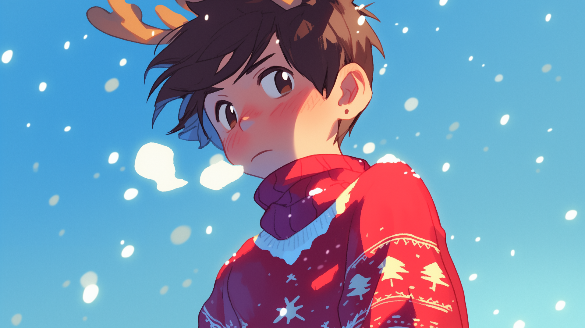 An anime boy in a festive Christmas sweater with reindeer antlers stands against a snowy blue background, creating a cheerful winter scene.